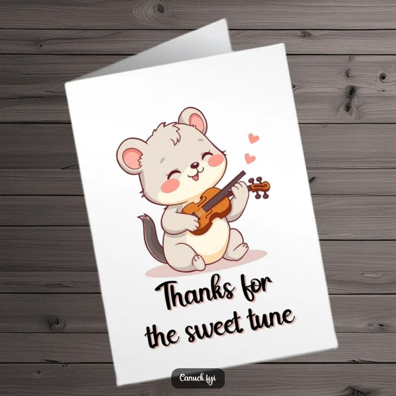 Funny Free Printable Thank You Card featuring a joyful animal playing a tiny fiddle, offering thanks with music.