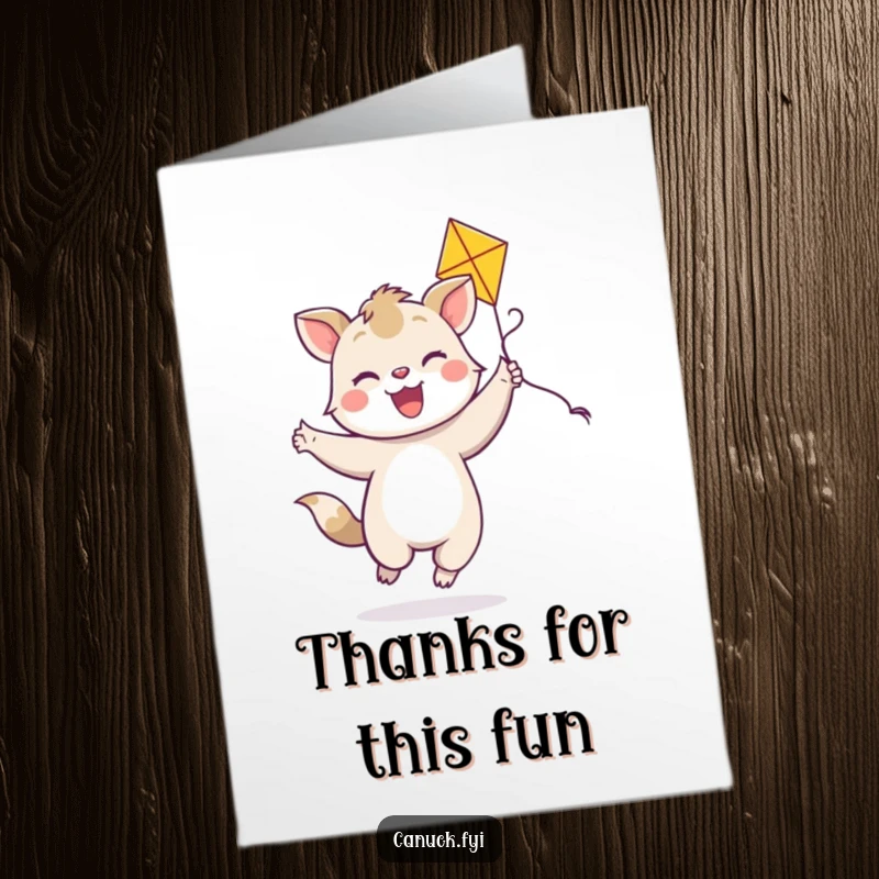 Funny Free Printable Thank You Card: A joyful animal with a bright smile dances with a colorful kite, a happy downloadable gift.