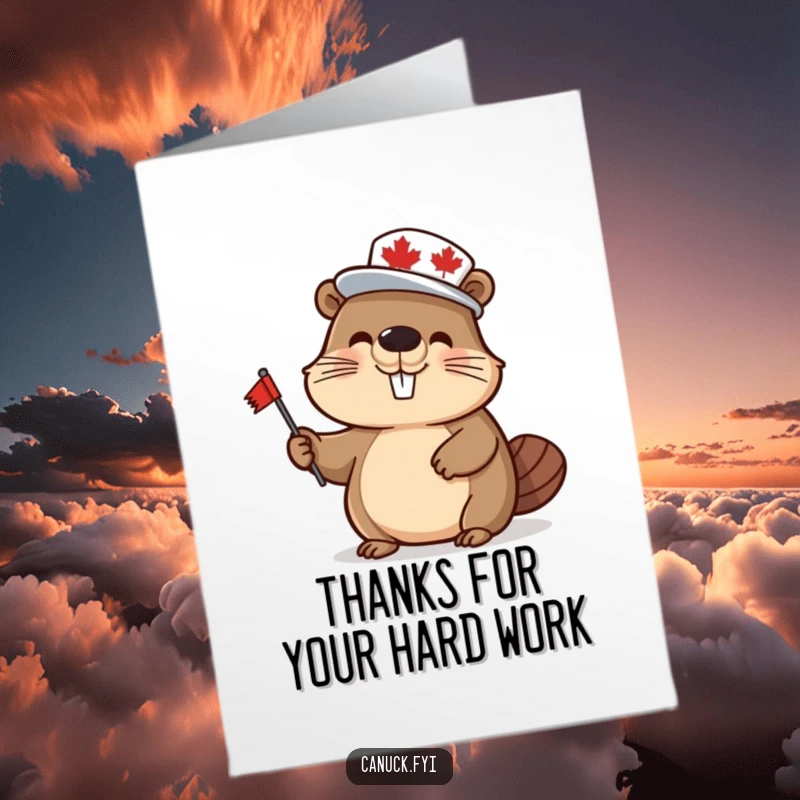 Funny Free Printable Thank You Card: Happy beaver character with maple leaf hat waving, a cute downloadable gift.