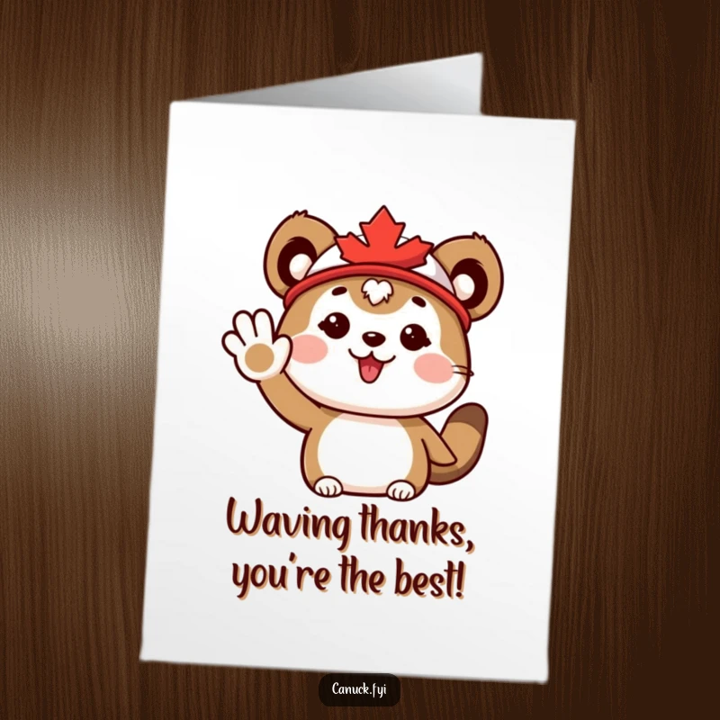 Funny Free Printable Thank You Card: Cute animal wearing a maple leaf hat waves enthusiastically, offering a fun, heartfelt thank you. DIY gift.