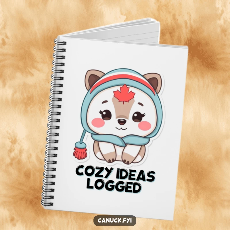 Funny Canadian animal character wearing a toque, looking cozy and ready to write, featured on a notebook cover.