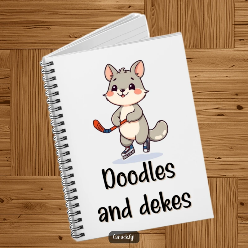 Funny notebook with a playful animal character dancing with a miniature hockey stick. Ideal for game plans, notes, and doodles.