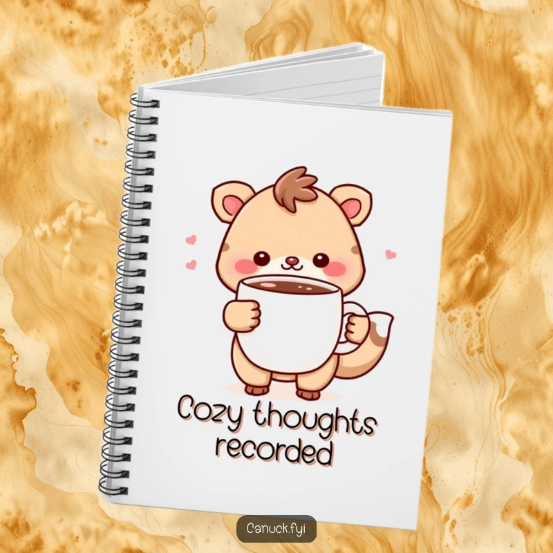 Funny Notebook: Cheerful animal character holds a steaming mug of hot chocolate, perfect for jotting down cozy ideas.