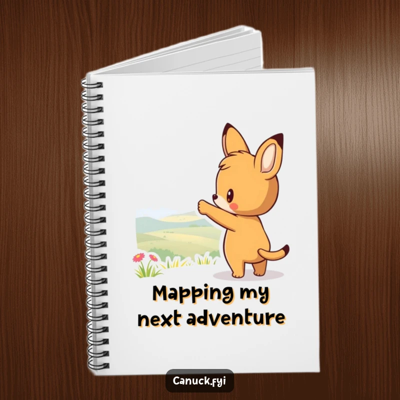 Funny notebook with a curious animal character pointing towards a scenic view, ideal for journaling travel dreams and adventure plans.