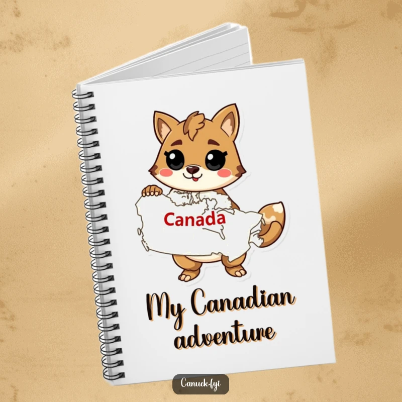 Funny notebook cover featuring a confident animal holding a map of Canada, perfect for documenting Canadian adventures.