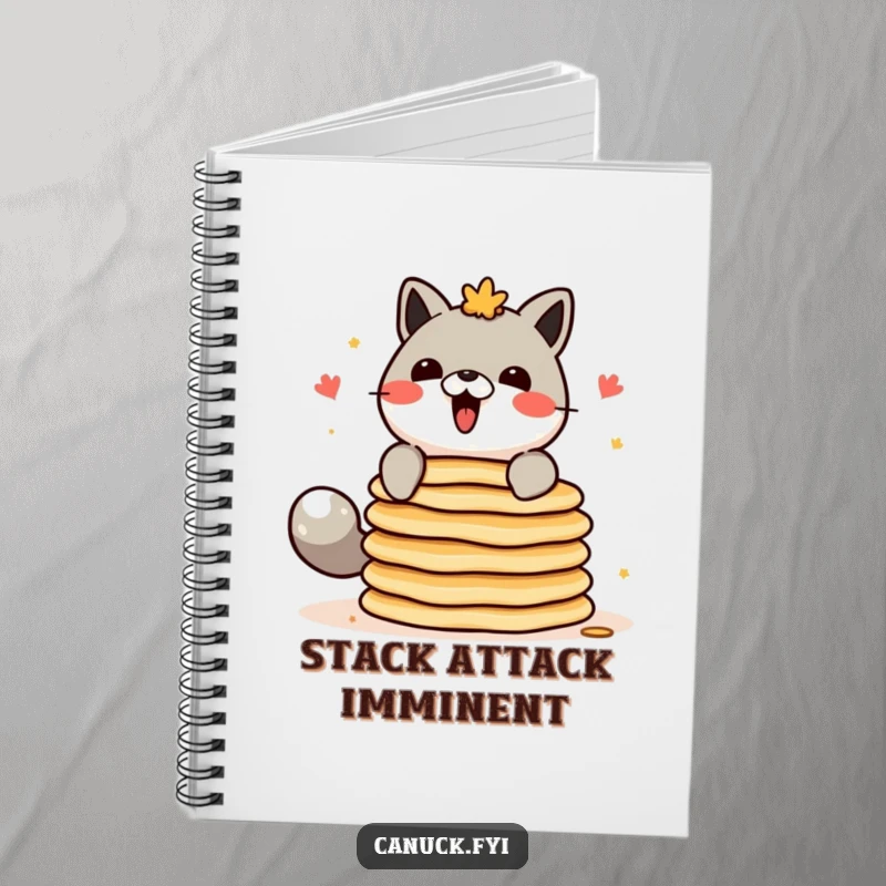 Funny Canadian animal character notebook cover, attempting to balance a stack of pancakes, for jotting notes.