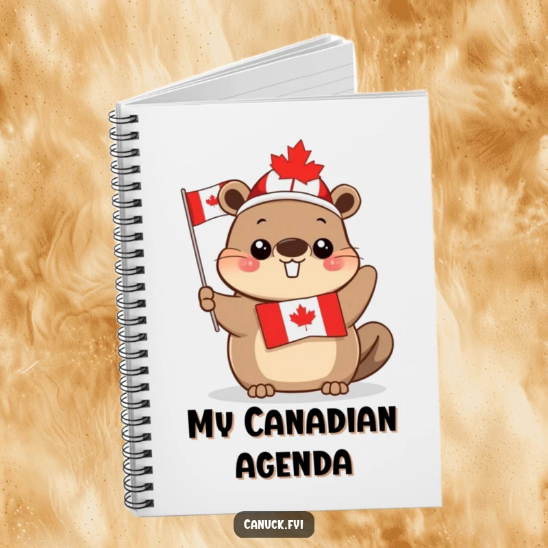 Funny cute beaver notebook, maple leaf hat, waving Canadian flag, ideal for notes and journaling, a charming and useful gift.