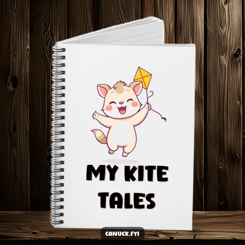 Funny joyful animal notebook, bright smile, dancing with a colorful kite, playful journal, animal lover stationery.