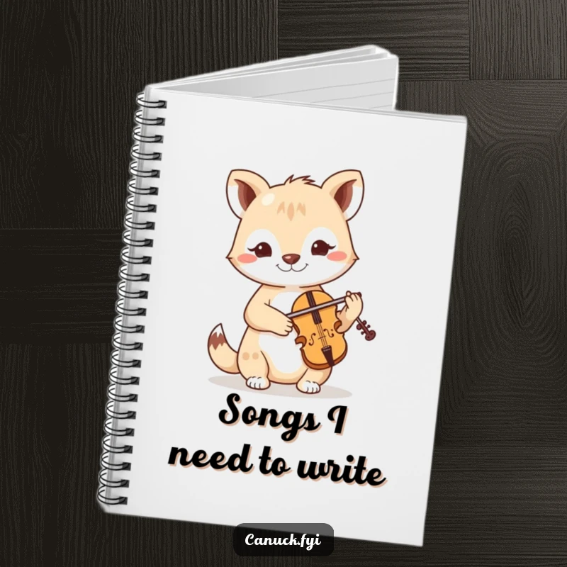 Funny notebook with a cover illustration of a friendly, determined animal playing a miniature fiddle with musical flair.