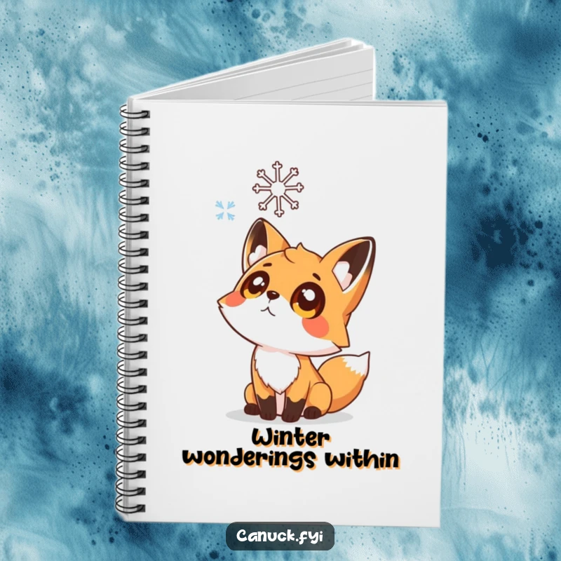 Funny notebook cover with a curious fox character gazing upwards at a stylized falling snowflake against a winter backdrop.