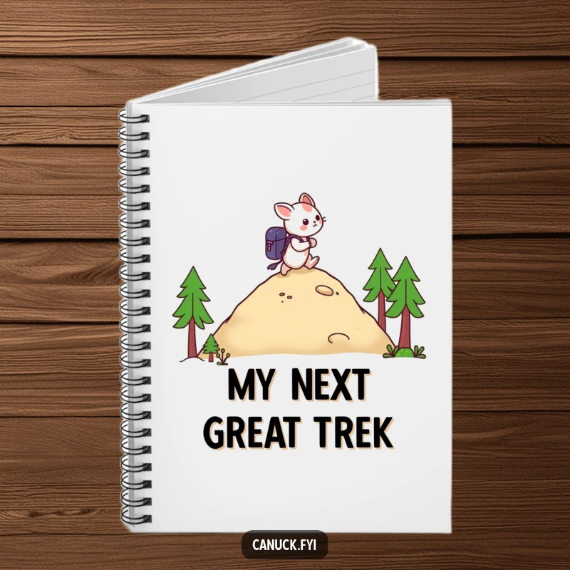 Funny notebook designed with a creature with a backpack hiking a hill, perfect for note-taking and creative inspiration.