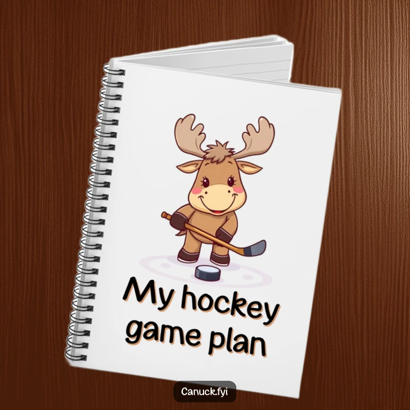Funny smiling moose notebook, playing hockey, tapping a puck, ideal for notes and journaling, a sporty and useful gift.