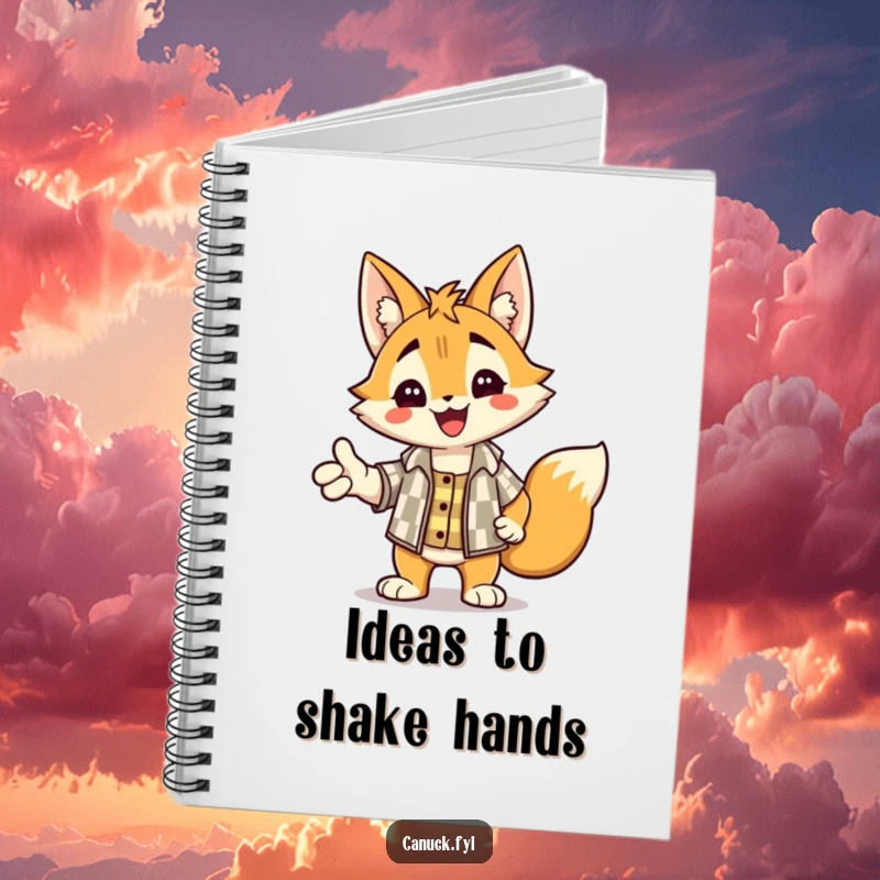 Funny notebook cover with a delighted lynx wearing a checkered shirt, extending a paw for a handshake.