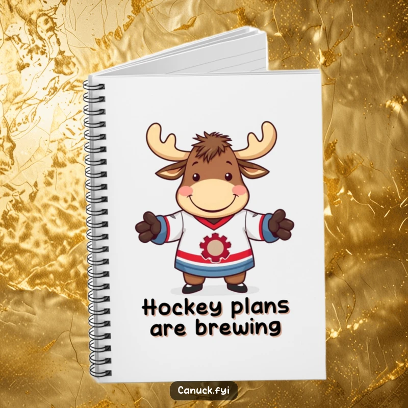 Funny notebook cover showing a moose with a cheerful grin, awkwardly fitting into a hockey jersey.