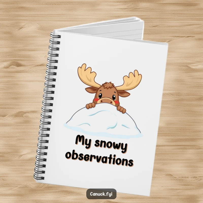 Funny notebook with a curious moose peeking over a stylized snowdrift, a humorous and practical companion for writing and drawing.