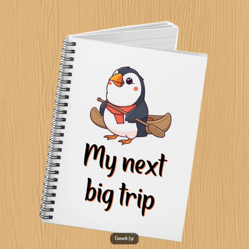 Funny Puffin Notebook: A determined puffin paddles a small canoe, symbolizing the journey of ideas and creativity. A charming funny gift.