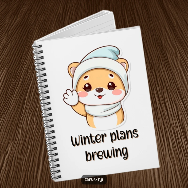 Funny Notebook featuring an animal in a cozy winter hat, giving a happy wave, perfect for jotting down ideas.