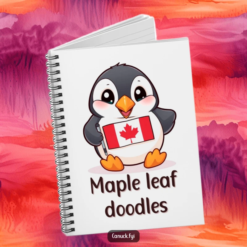 Funny Puffin Notebook: A playful puffin with bright eyes holds a miniature Canadian flag, perfect for notes.