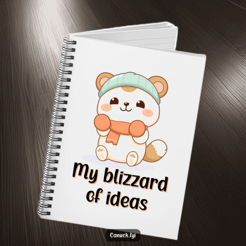 Funny notebook cover illustration of a cheerful animal in mittens, happily catching falling snowflakes, inspiring creativity and joy.