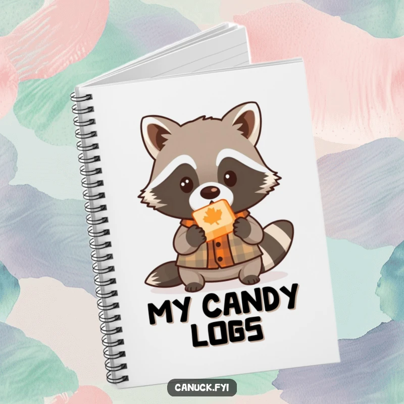 Funny cute raccoon lumberjack notebook, small shirt, offering maple candy, playful journal, animal lover stationery.