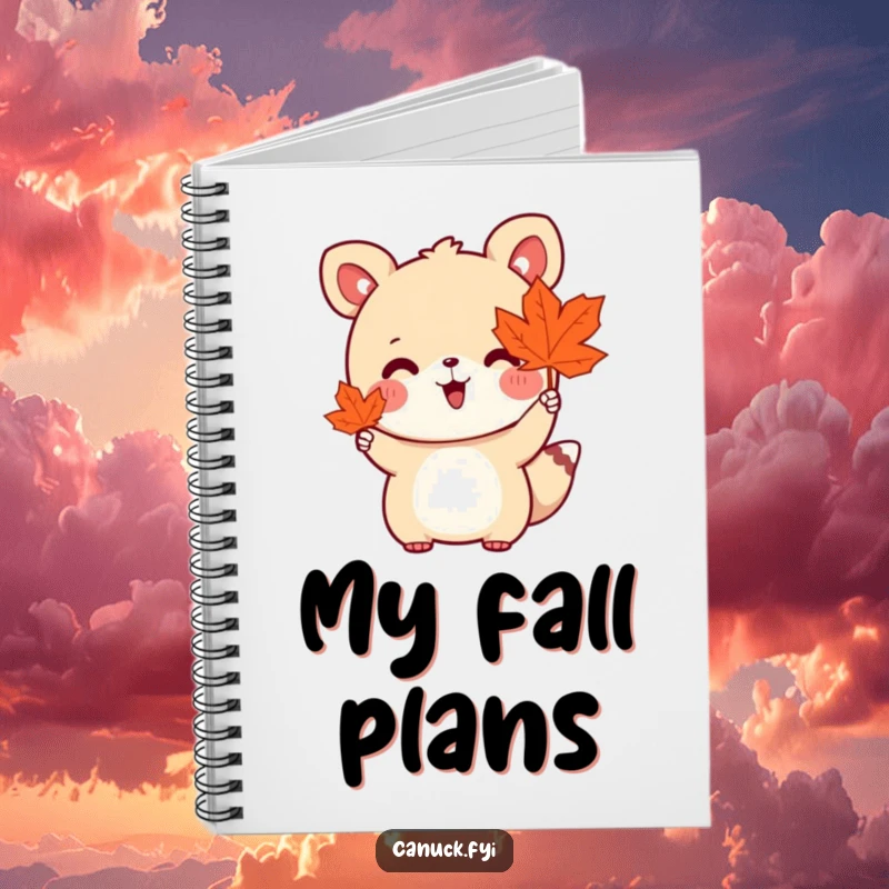 Funny notebook featuring a cute animal holding a maple leaf and waving enthusiastically, inspiring cheerful thoughts.