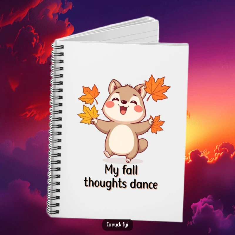 Funny notebook cover with a happy animal juggling three stylized maple leaves, embodying autumn joy and creativity.