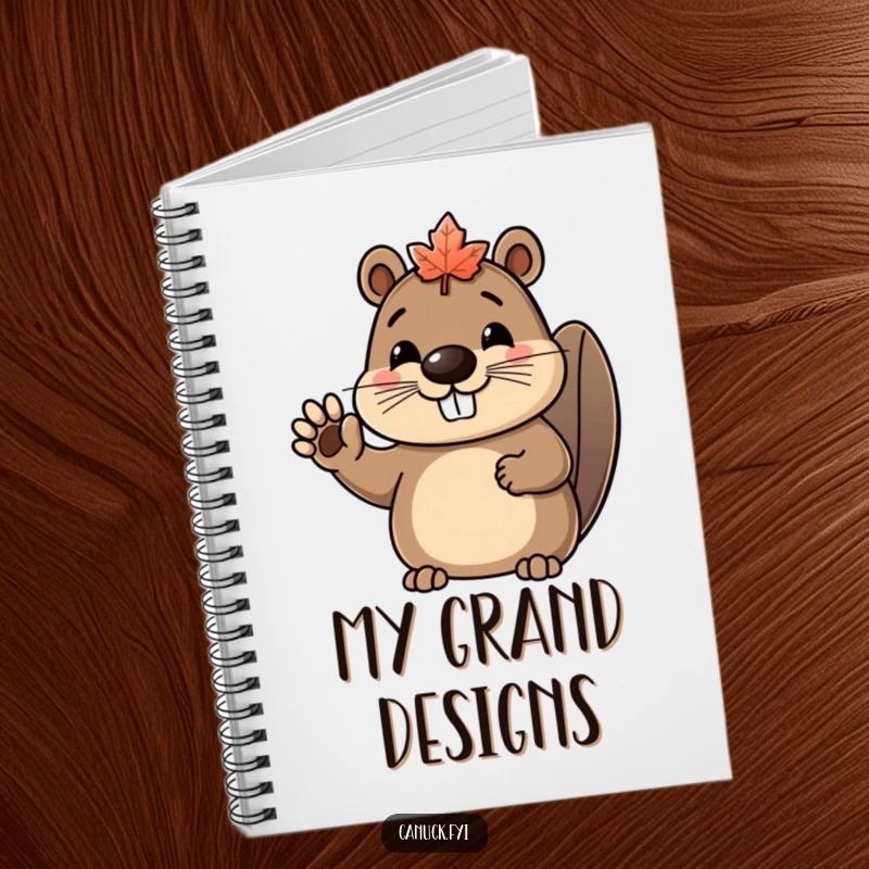 Funny beaver notebook cover: a happy beaver character wearing a tiny maple leaf hat and waving.