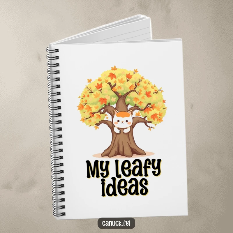 Funny notebook cover with a happy animal character embracing a large, symbolic maple tree, inspiring nature-filled thoughts.
