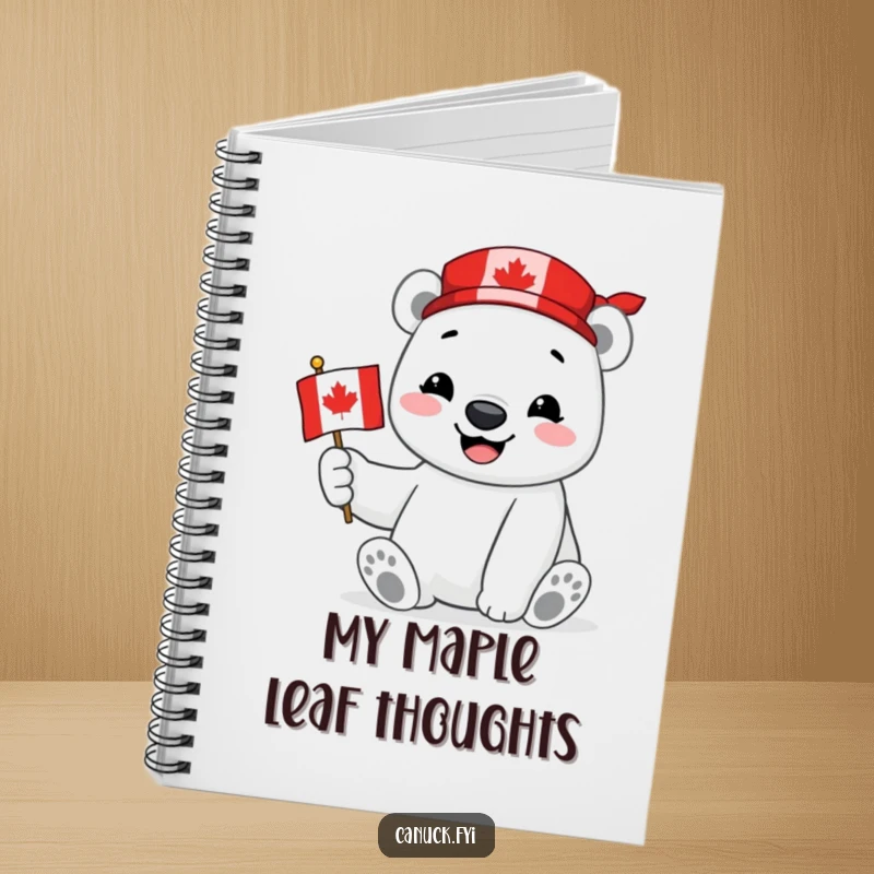 Funny Polar Bear Notebook featuring a smiling polar bear proudly holding a miniature Canadian flag, perfect for journaling with patriotic pride.