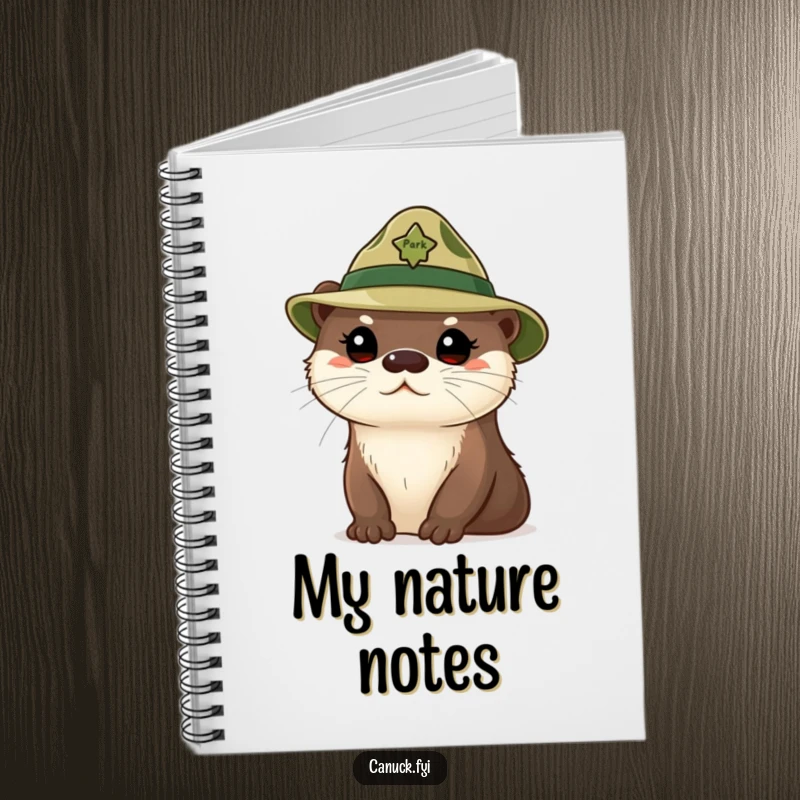 Funny curious otter notebook, cute otter wearing a tiny park ranger hat, looking inquisitive, for writing.
