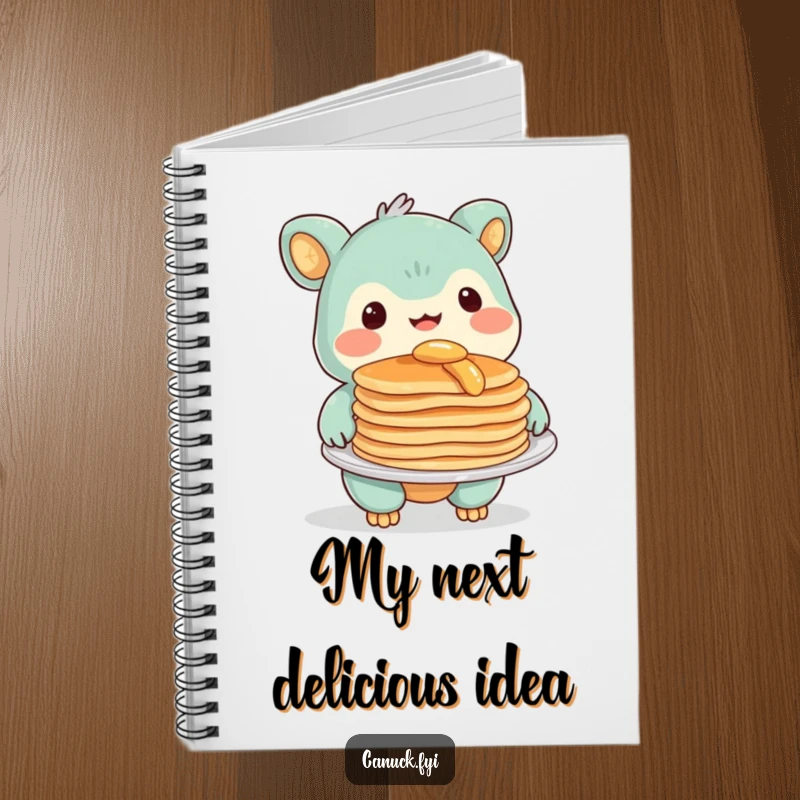 Funny Notebook with a creature whose warm smile offers a plate of pancakes, perfect for writing down thoughts and ideas.
