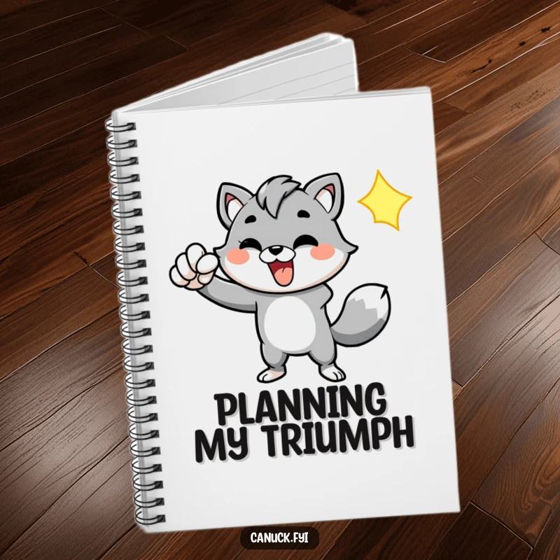 Funny notebook with an energetic animal character pumping its fist, ideal for journaling goals and ambitious plans.