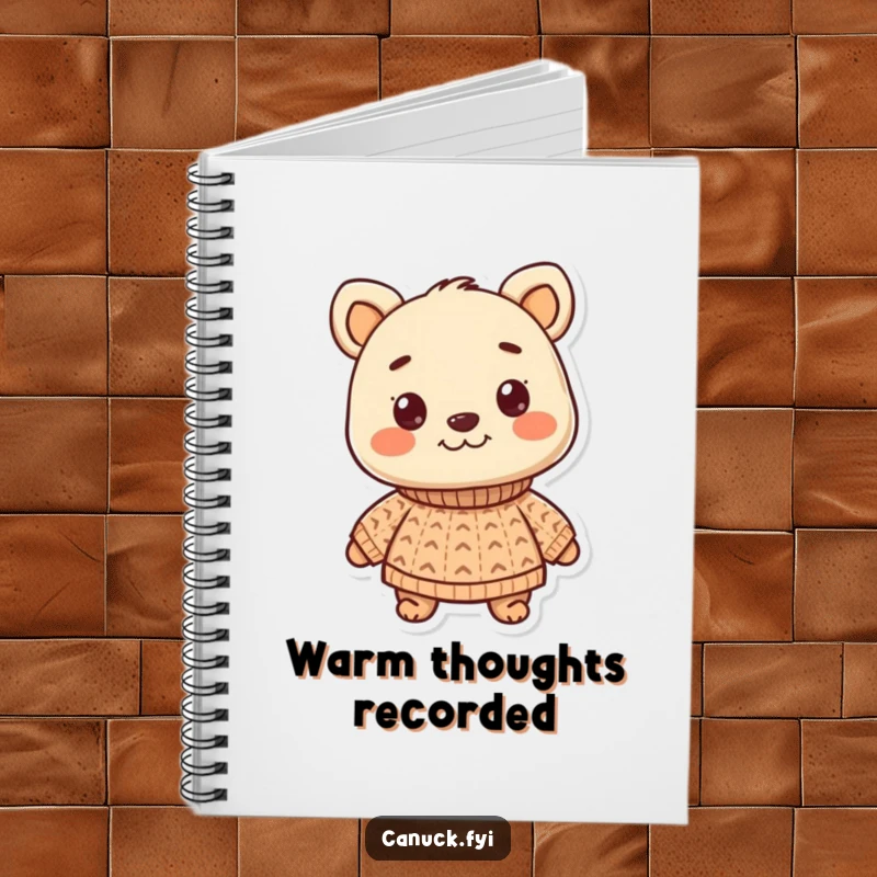 Funny notebook with a smiling animal character proudly wearing a small, knitted sweater. Ideal for journaling, notes, and creative ideas.
