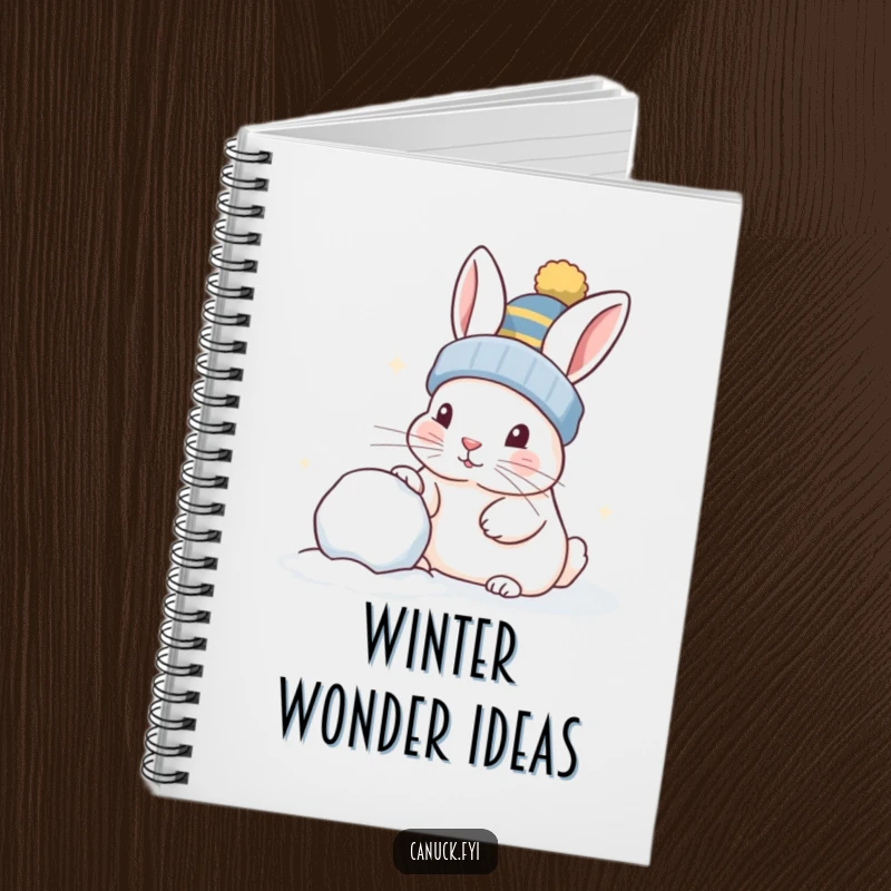 Funny rabbit wearing a toque, playfully nudging a snowball, lined notebook, perfect for journaling.
