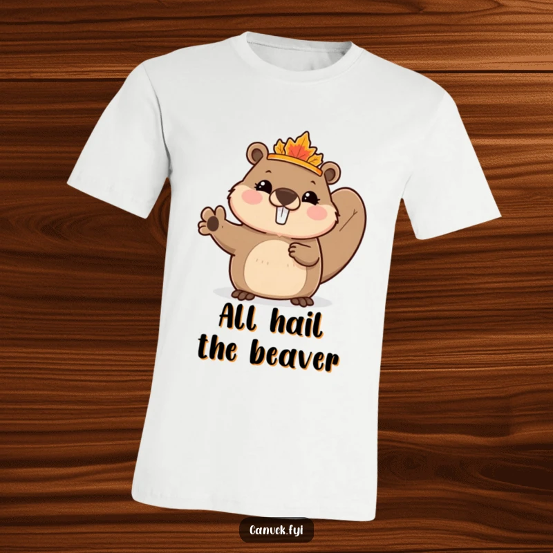 Funny Beaver T-Shirt featuring a cute beaver with a tiny maple leaf crown, enthusiastically waving, embodying Canadian spirit and woodland cheer.