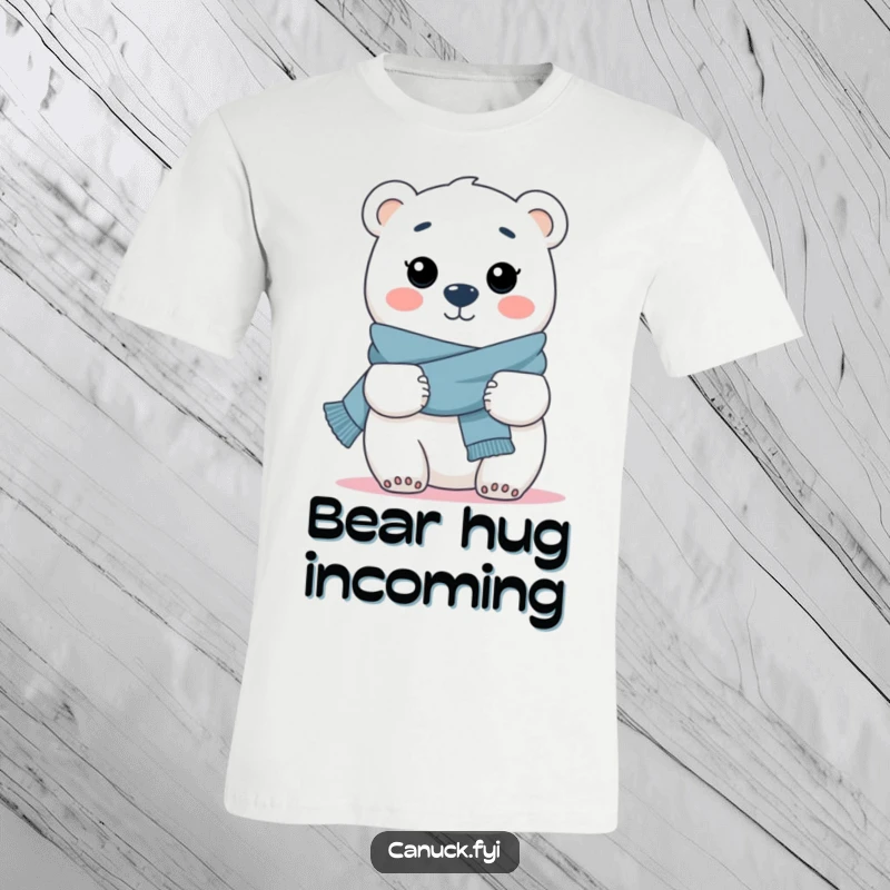 Funny t-shirt graphic of a cheerful polar bear with a scarf, offering a big, warm, comforting hug.