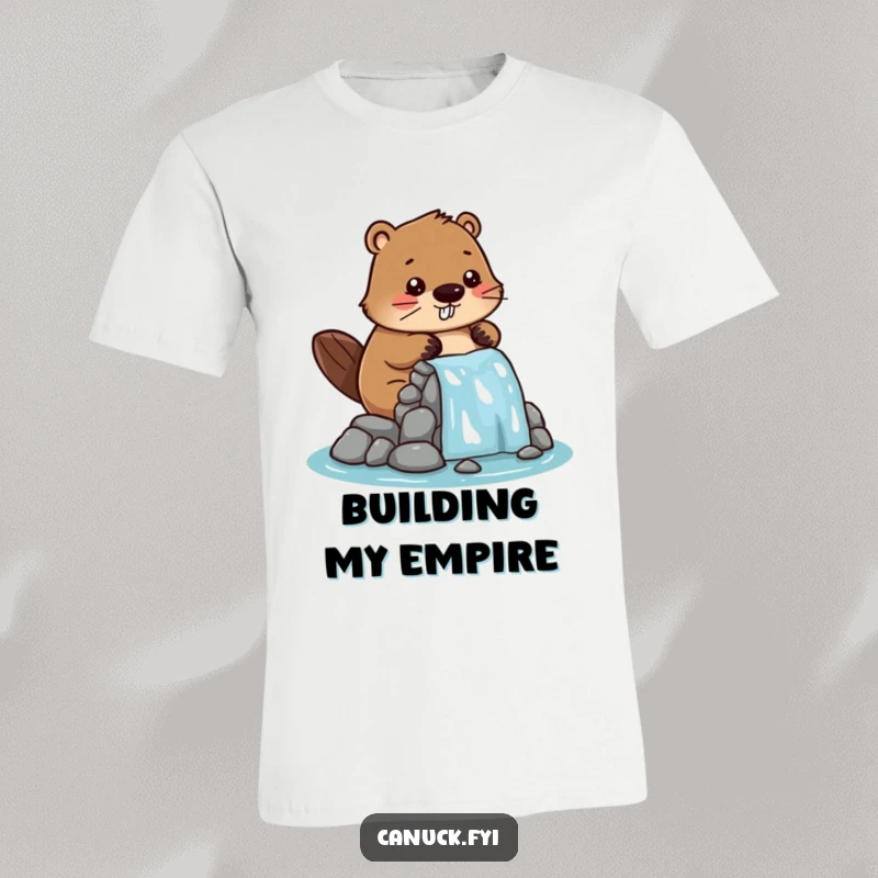 Funny t-shirt with a stylized beaver character enthusiastically working on a small-scale dam, looking proud of its creation.