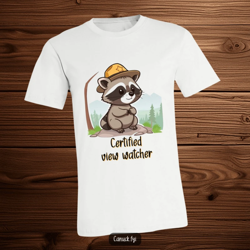 Funny park ranger raccoon t-shirt, small, round, wearing a hat, surveying a scenic view, adorable and funny.