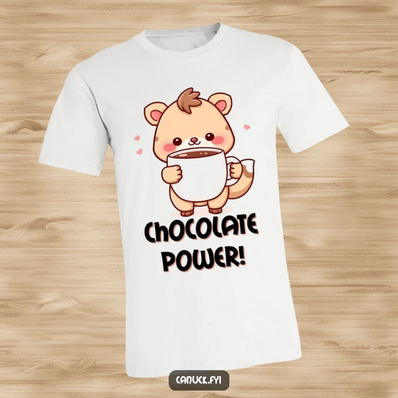 Funny T-Shirt: Cheerful animal happily clutches a steaming mug of hot chocolate, embodying cozy comfort and joy.