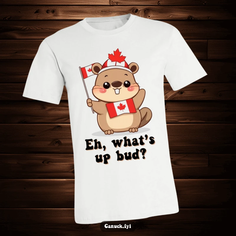 Funny cute beaver t-shirt, maple leaf hat, waving a Canadian flag, patriotic and fun apparel, a perfect Canadian gift.