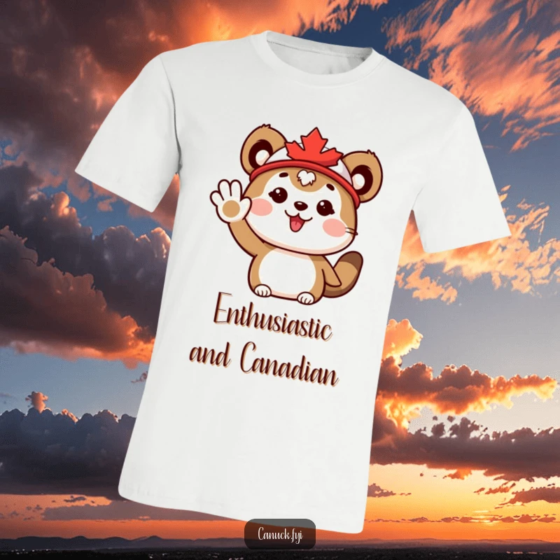 Funny T-Shirt: Cute animal wearing a maple leaf hat, waving energetically with a joyful and friendly demeanor.