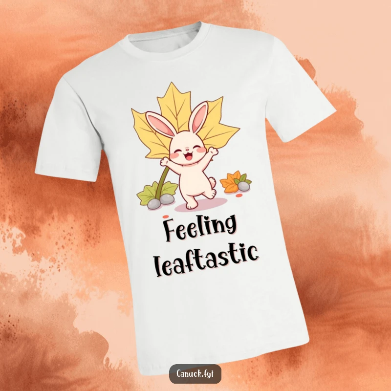 Funny rabbit t-shirt featuring a bouncy rabbit character joyfully doing a little dance near a large, iconic maple leaf.