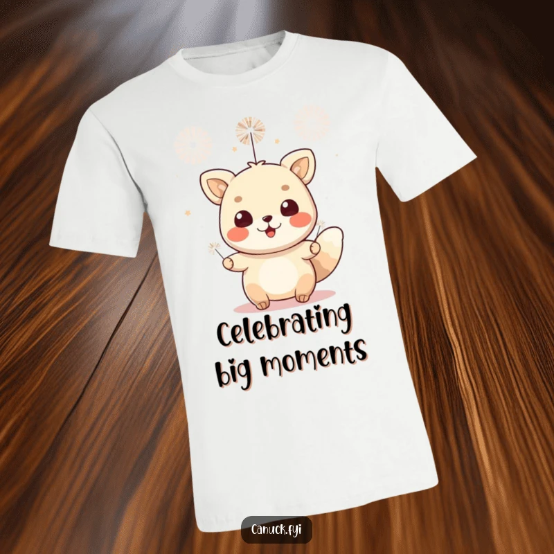 Funny t-shirt of a cheerful animal character celebrating exuberantly with small fireworks. A vibrant symbol of joy and festivity.