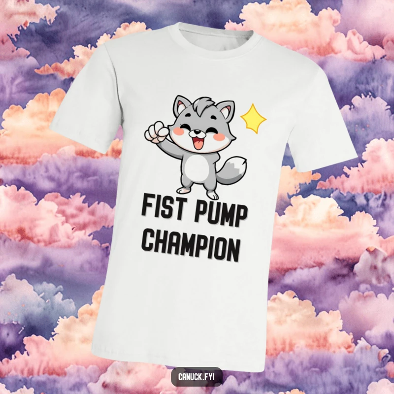 Funny t-shirt depicting an energetic animal character enthusiastically pumping its fist, symbolizing victory and motivational spirit.