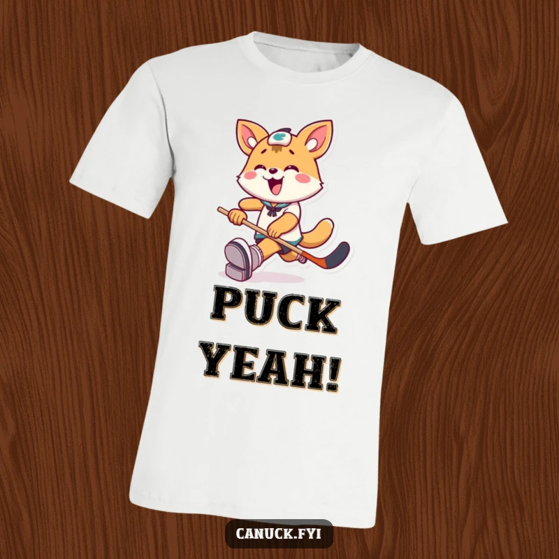 Funny T-Shirt: Playful animal character celebrating kicking a hockey puck with over-the-top happiness and athletic flair.