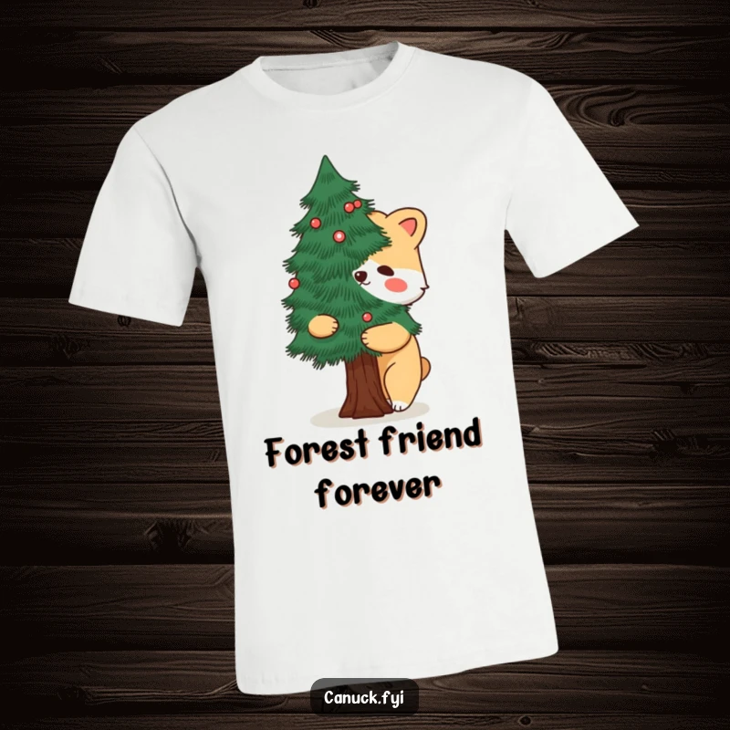 Funny t-shirt featuring a cartoon animal hugging a stylized pine tree, conveying a love for nature with humor.