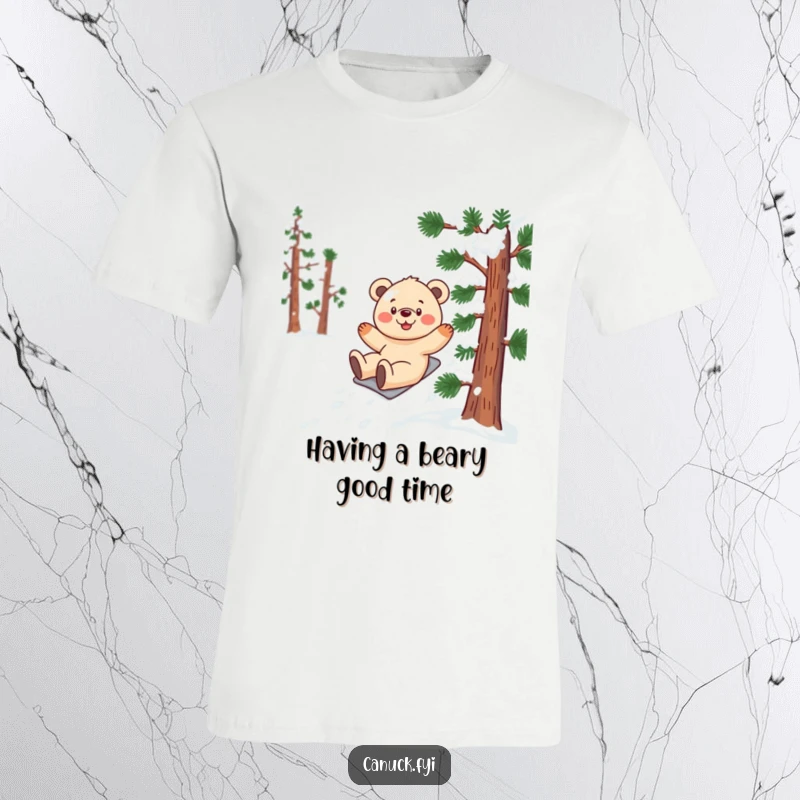 Funny bear cub t-shirt featuring a smiling cub gleefully sliding down a stylized, snow-covered pine tree.