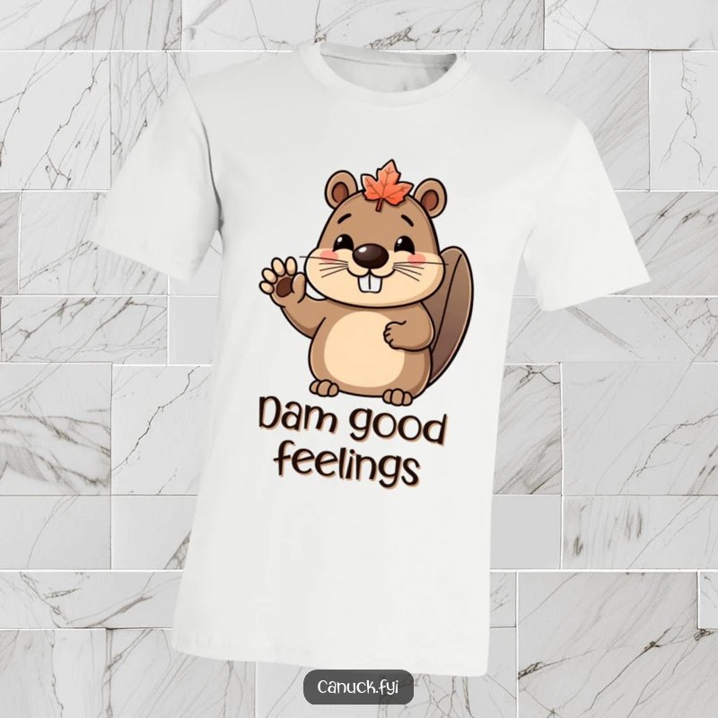 Funny beaver t-shirt featuring a happy, enthusiastic beaver character sporting a tiny maple leaf as a hat and waving.