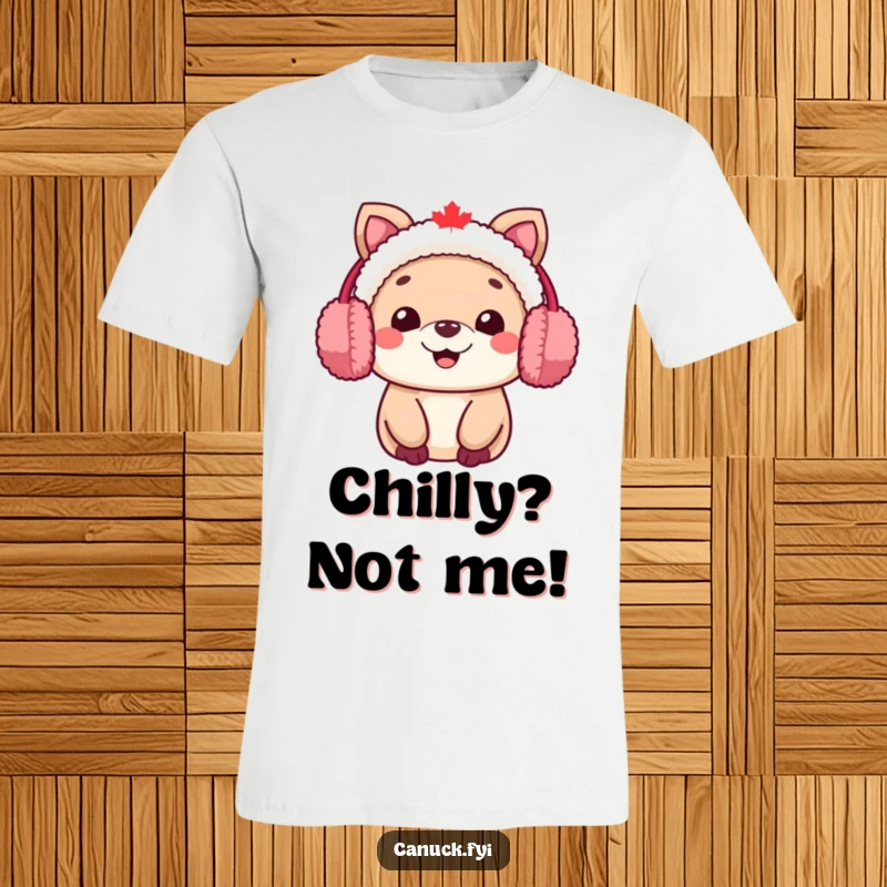 Funny Canadian animal character t-shirt, wearing fuzzy earmuffs and a warm, friendly smile, perfect for winter.