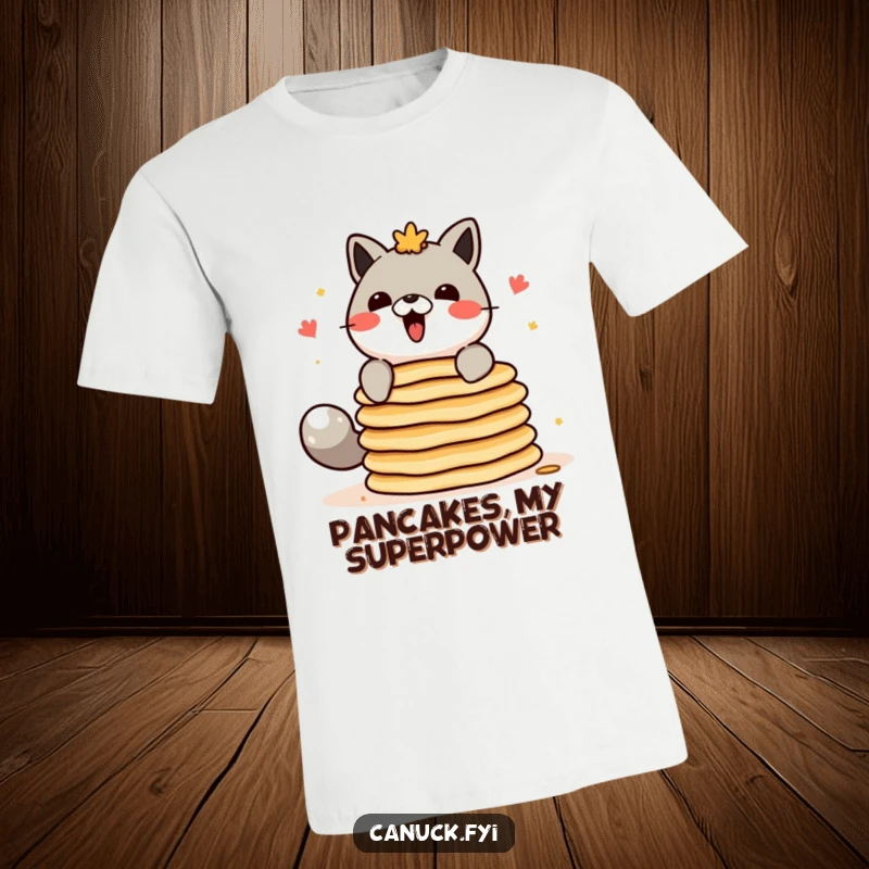 Funny Canadian animal character t-shirt, attempting to balance a precarious stack of pancakes.
